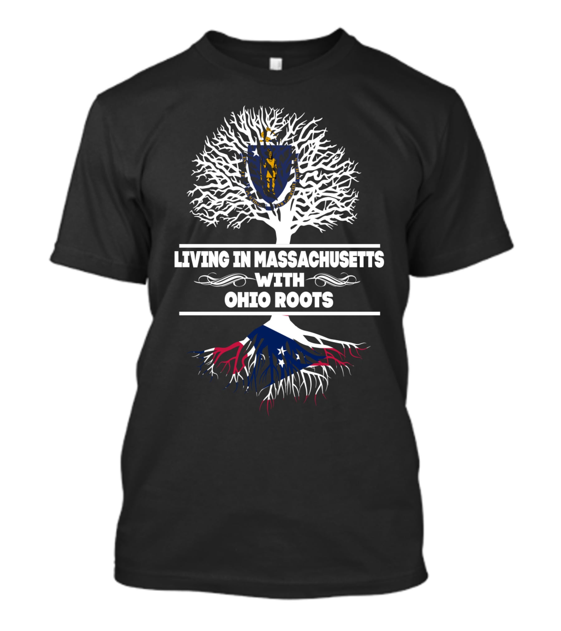 Massachusetts Living Ohio Roots With State Flags Tree T-Shirt