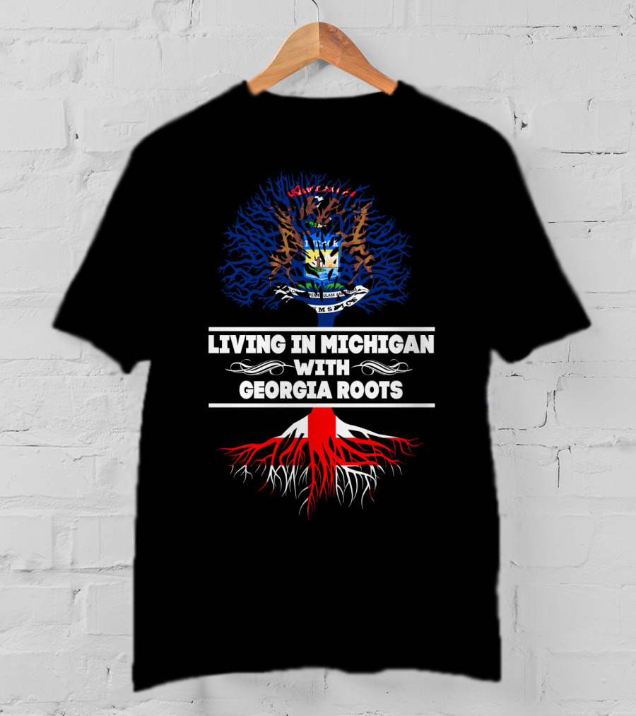 Michigan And Georgia Connection: Embracing State Roots With Iconic Tree And Flag Symbolism T-Shirt