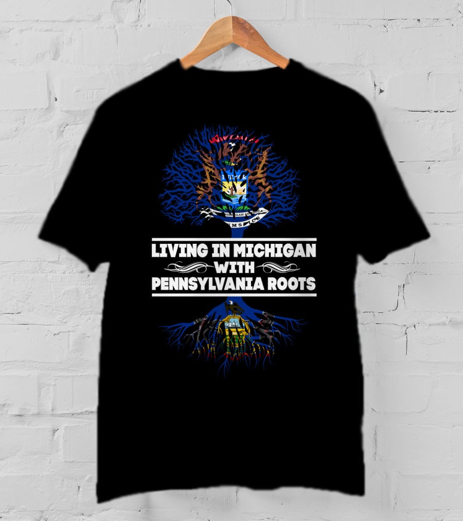 Michigan Pride With Pennsylvania Heritage Graphic Featuring State Crests And Tree Roots T-Shirt
