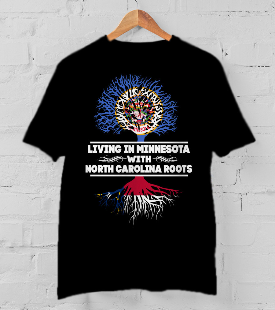 Minnesota Living With North Carolina Roots Tree Design Featuring State Symbols T-Shirt