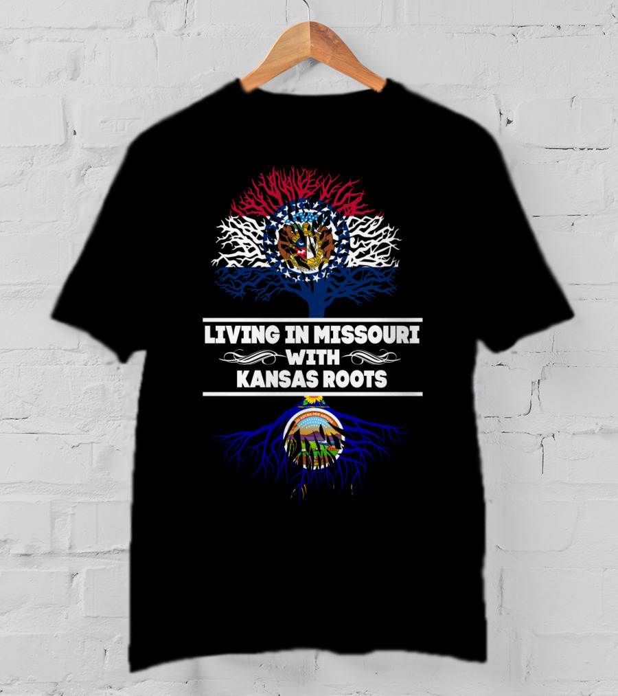 Living In Missouri Embracing Kansas Roots With State Seals And Tree T-Shirt