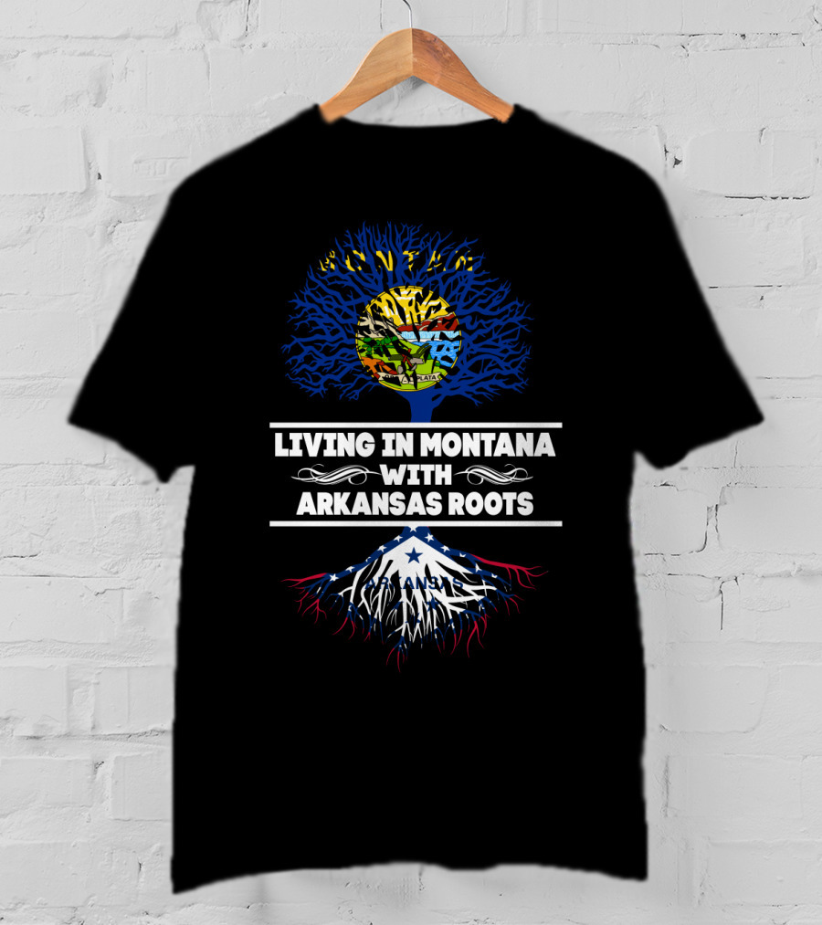 Montana Skyline And Arkansas Roots Tree: Living In Montana With Arkansas Roots T-Shirt