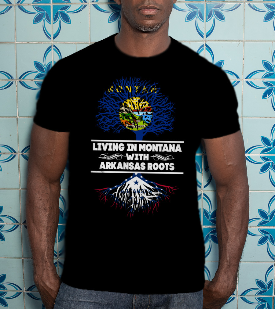 Montana Skyline And Arkansas Roots Tree: Living In Montana With Arkansas Roots T-Shirt