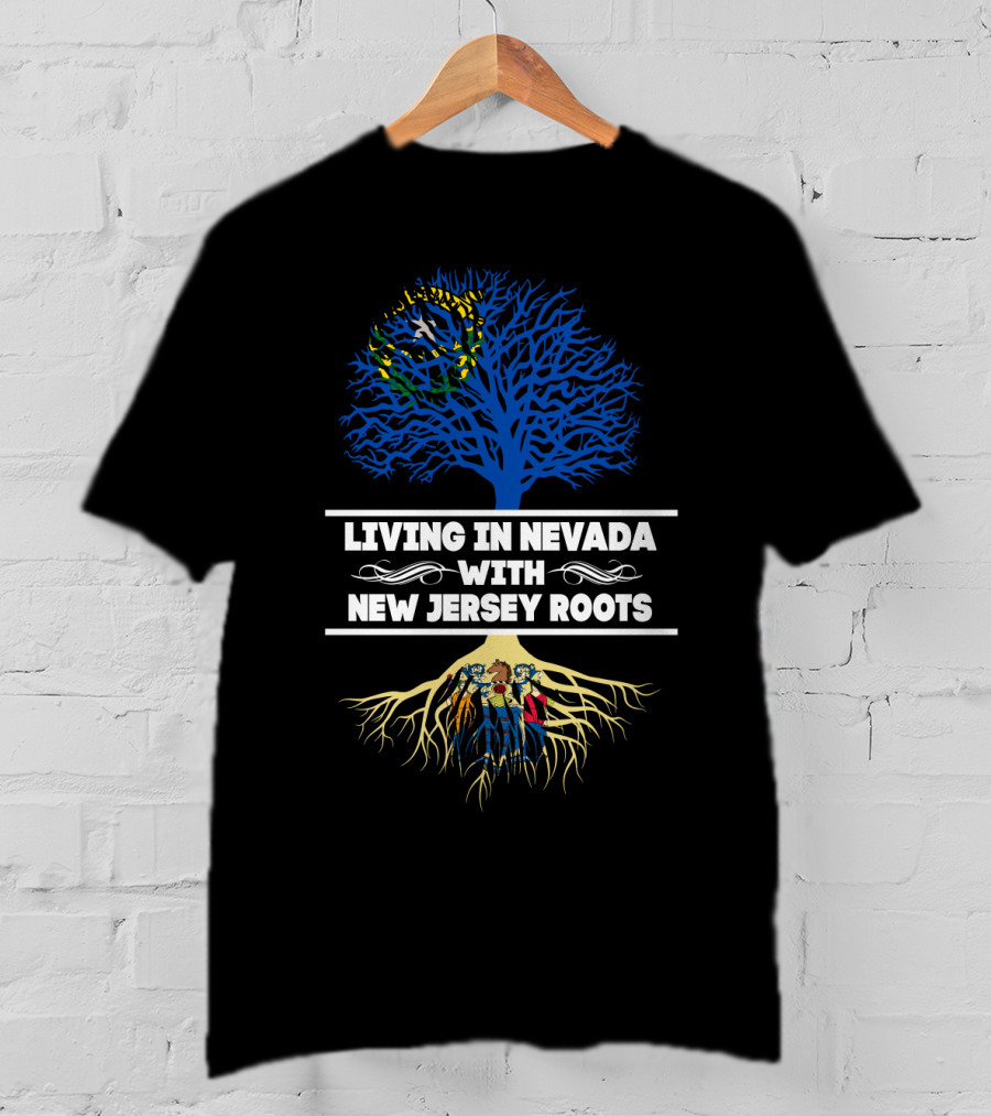 Living In Nevada With New Jersey Roots Blue And Yellow Tree With People Entwined In Roots T-Shirt