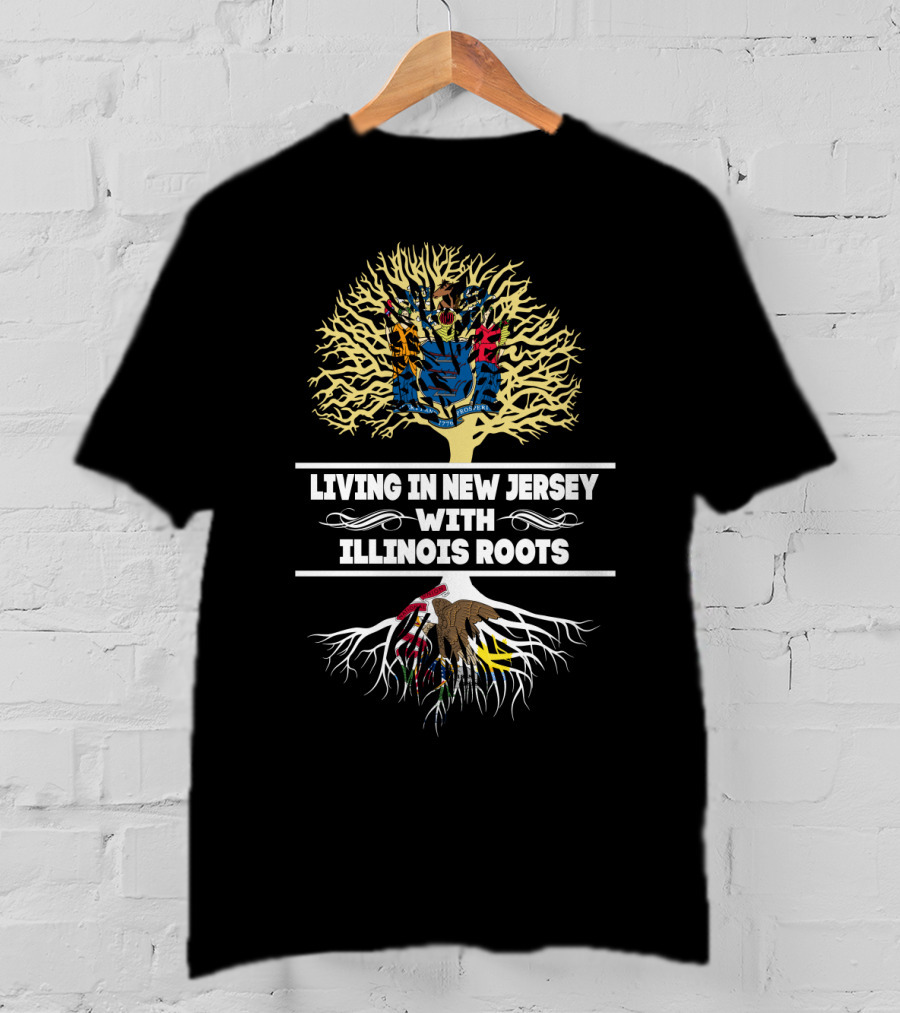 Living In New Jersey With Illinois Roots Tree Graphic Featuring State Flags T-Shirt