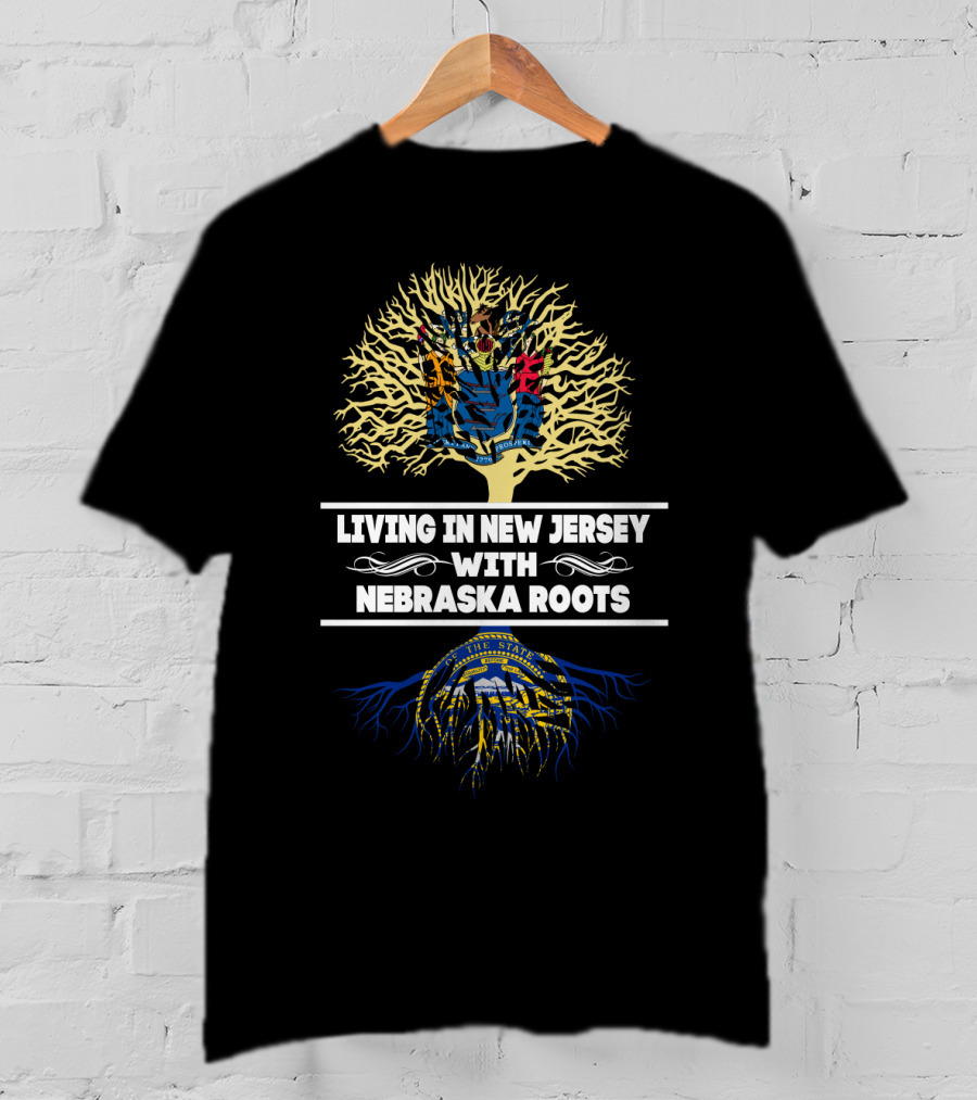 Living In New Jersey With Nebraska Roots Tree Art Featuring State Seals T-Shirt