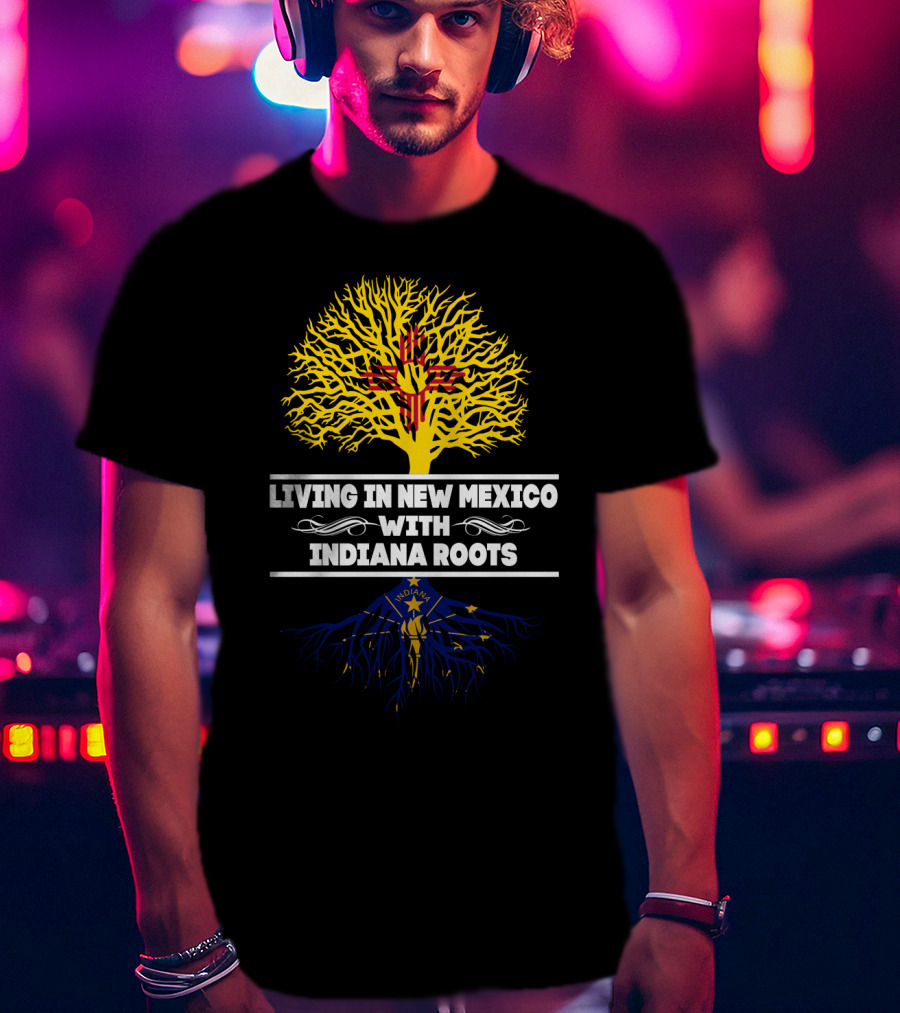 Living In New Mexico With Indiana Roots Featuring Zia Symbol And Torch Motif T-Shirt