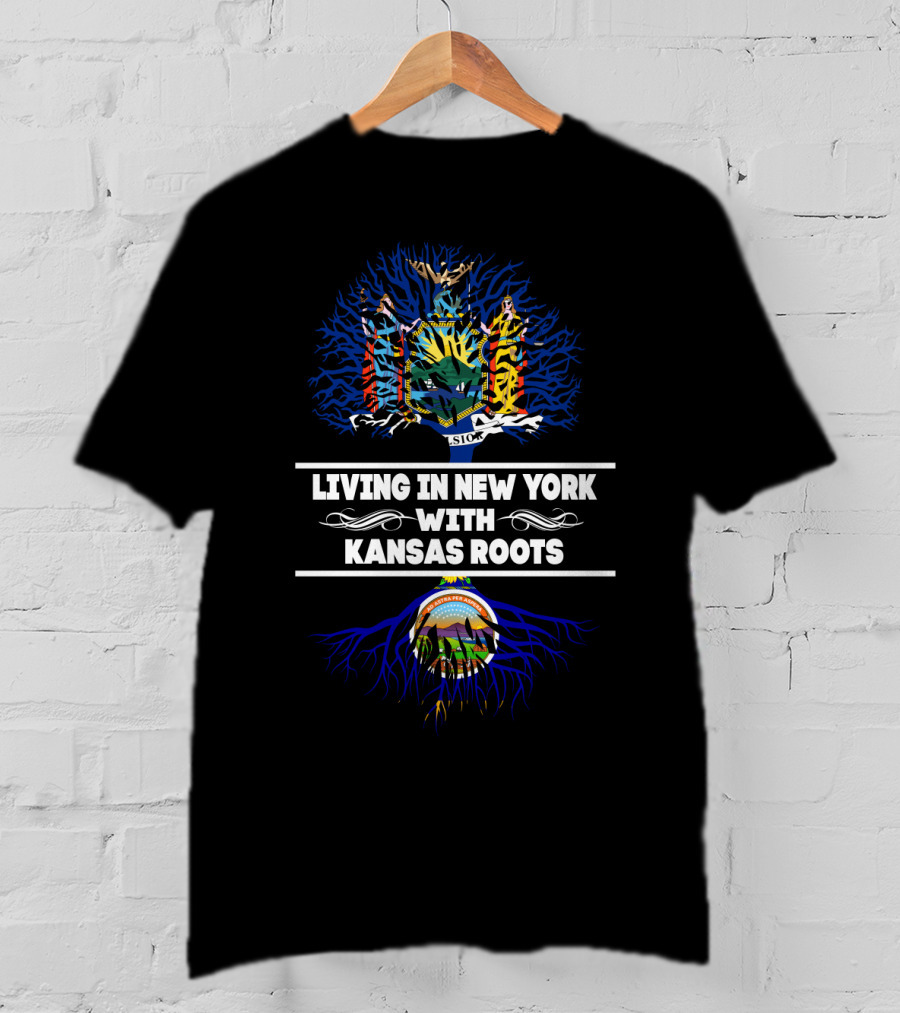 Living In New York With Kansas Roots Featuring State Seals And Tree T-Shirt