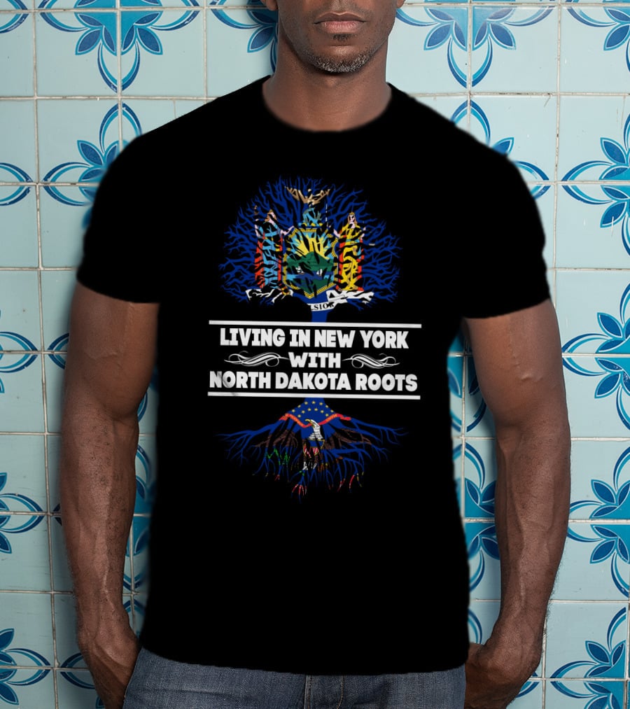 Living In New York Depicting State Seal Embracing North Dakota Roots With Bald Eagle Symbolism T-Shirt
