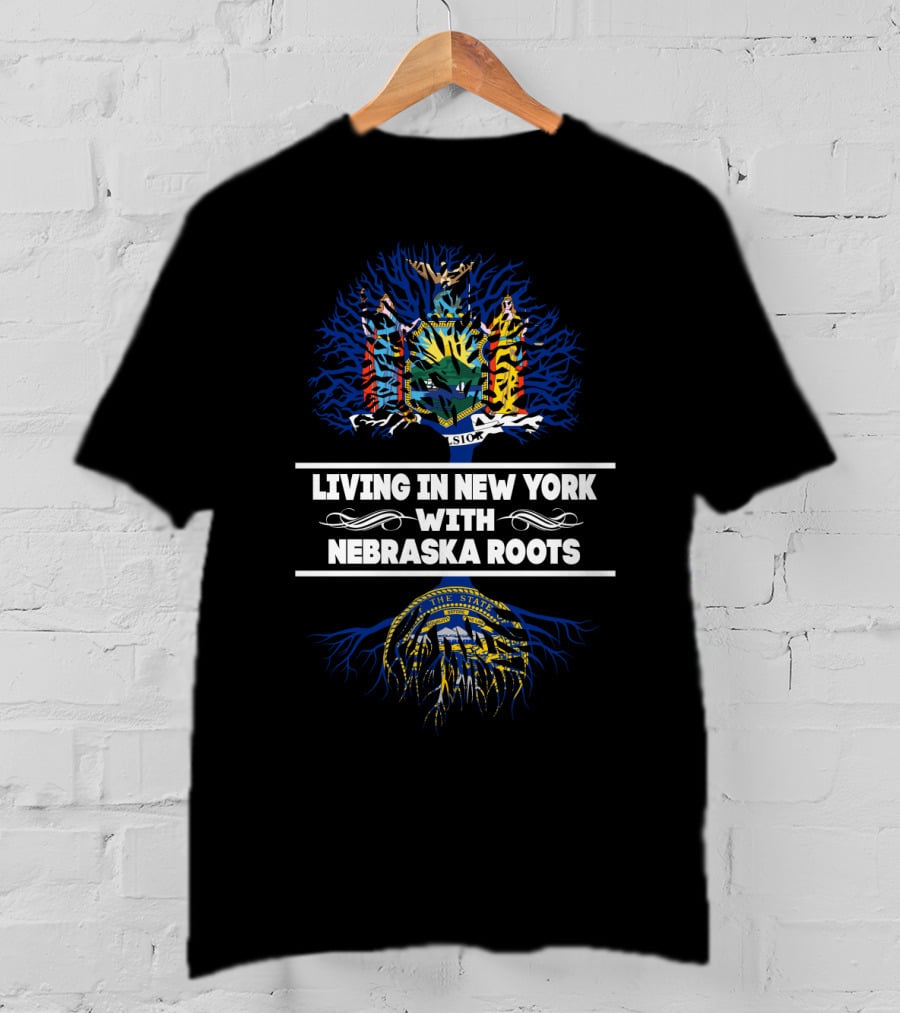 Living In New York With Nebraska Roots Featuring State Seals And Tree T-Shirt