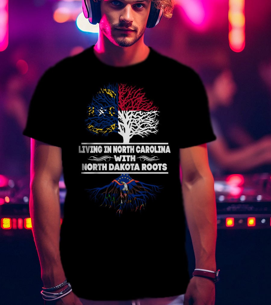 North Carolina State Flag And Tree With North Dakota Eagle Roots Connection T-Shirt