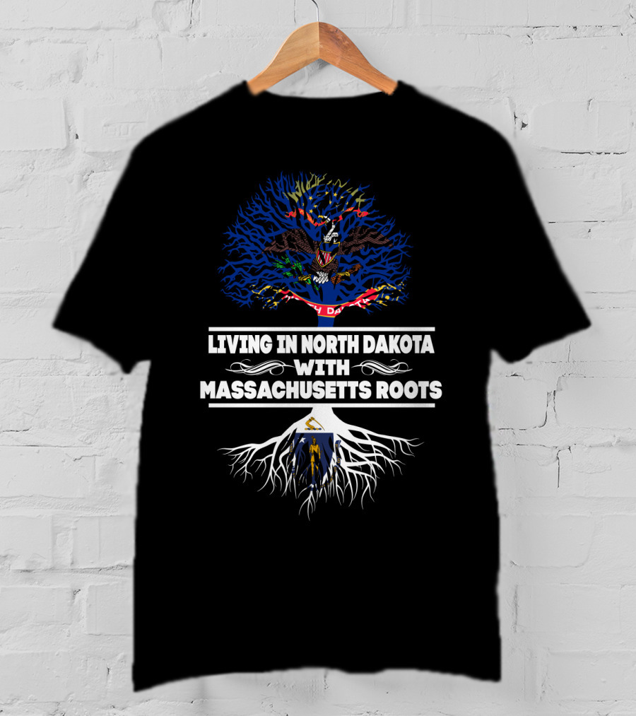 North Dakota Living With Massachusetts Roots And State Flags Tree T-Shirt