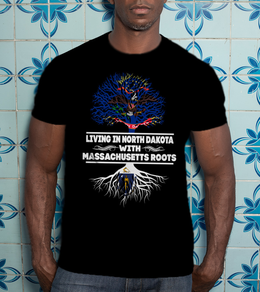 North Dakota Living With Massachusetts Roots And State Flags Tree T-Shirt