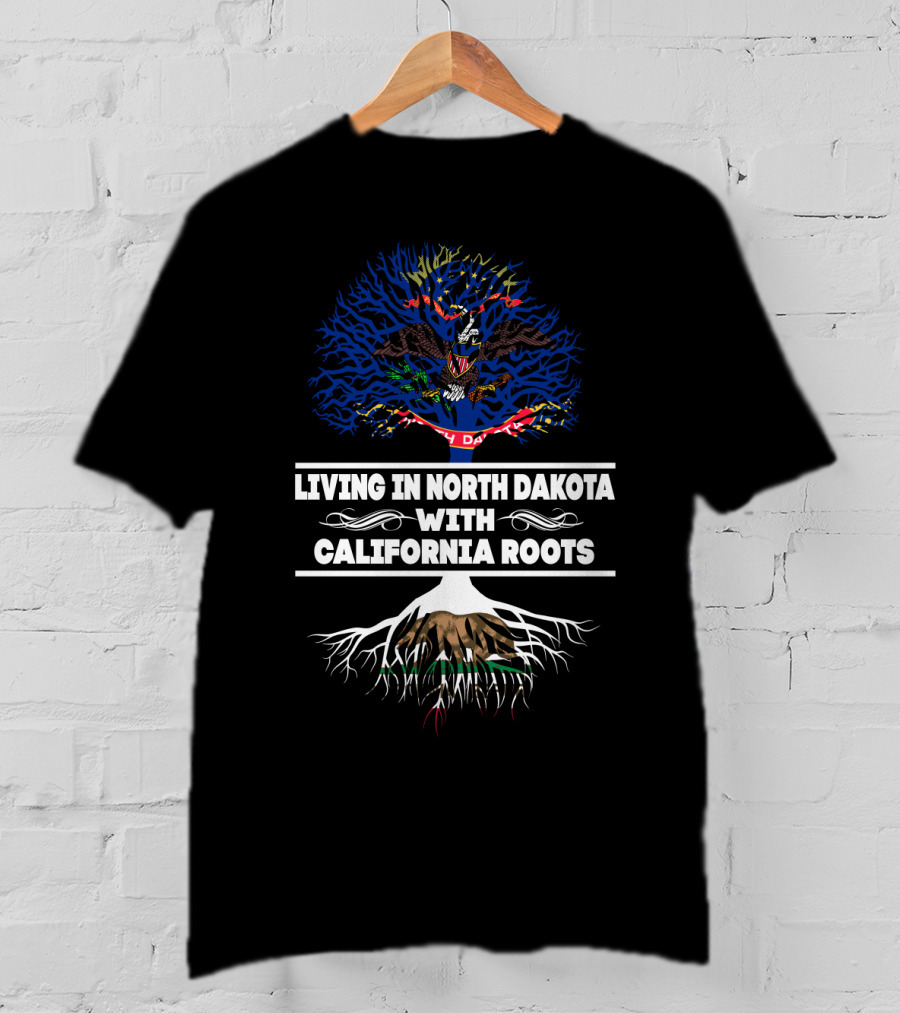 Living In North Dakota With California Roots North Dakota Flag And California Bear Tree T-Shirt