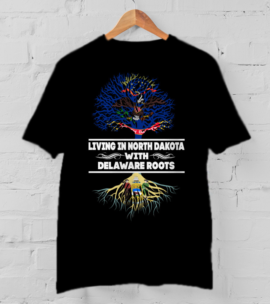 Connection Between North Dakota Living And Delaware Heritage Featuring State Symbols And Flag T-Shirt