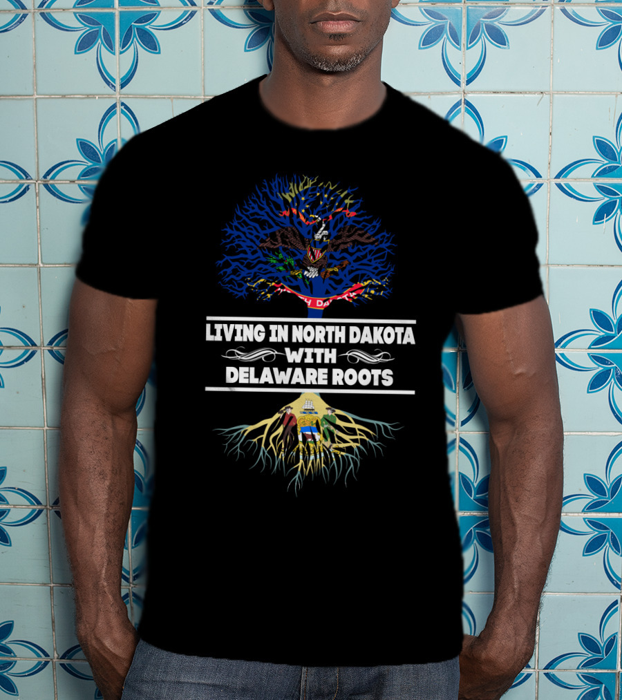 Connection Between North Dakota Living And Delaware Heritage Featuring State Symbols And Flag T-Shirt