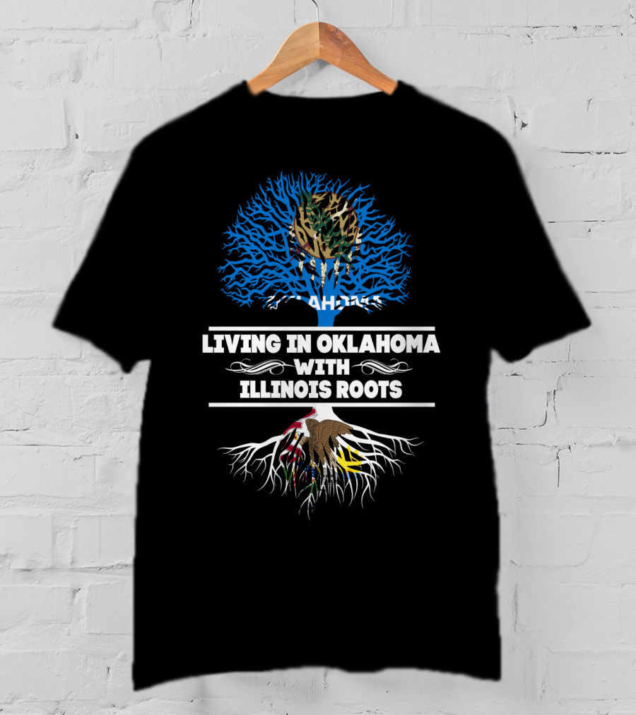 Living In Oklahoma With Illinois Roots Tree Graphic State Pride T-Shirt