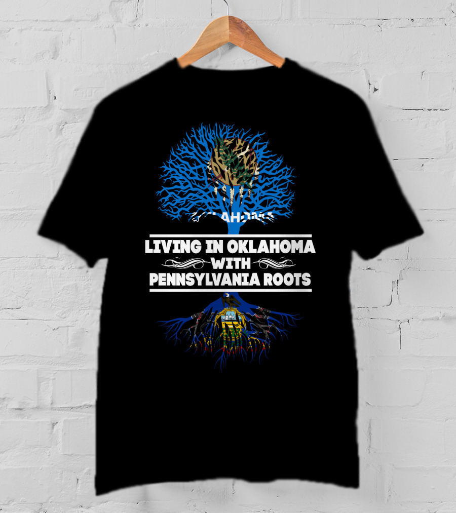 Oklahoma Living Pennsylvania Roots Blue Tree With Camo Top And Pennsylvania State Symbols T-Shirt