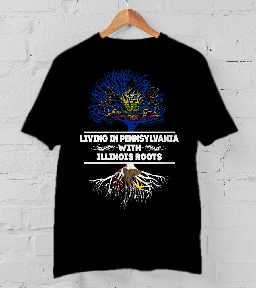 Living In Pennsylvania With Illinois Roots Tree Featuring State Symbols T-Shirt
