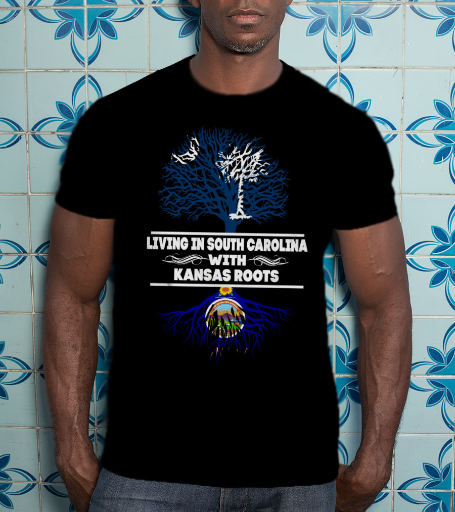 Living In South Carolina With Kansas Roots Tree Design Featuring State Symbols T-Shirt
