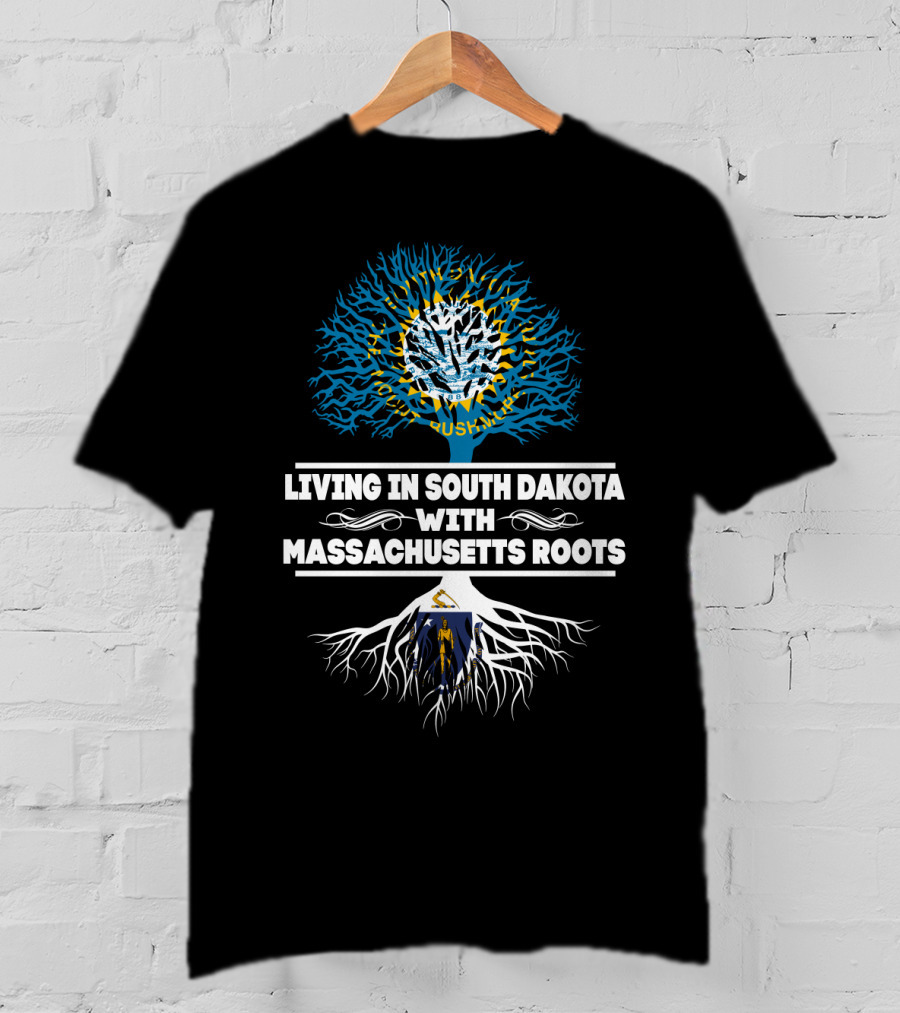 Living In South Dakota With Massachusetts Roots State Flags Tree T-Shirt