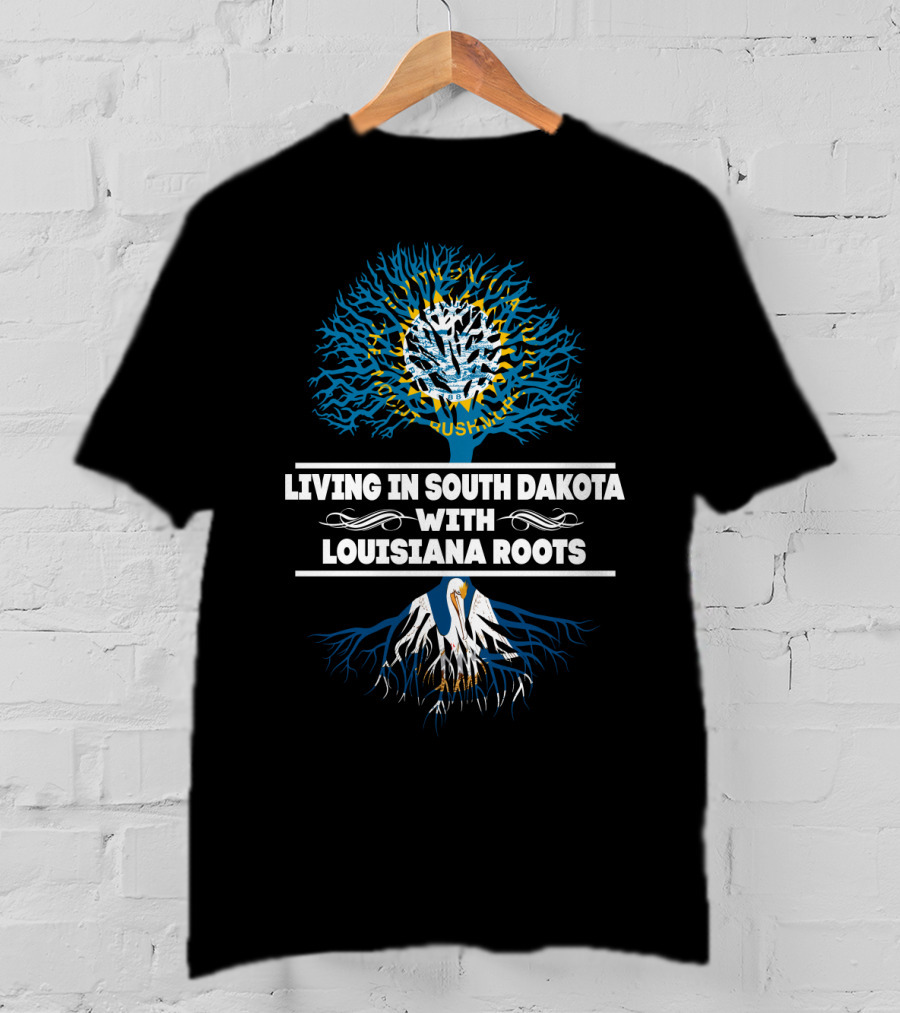 Living In South Dakota With Louisiana Roots Tree Design Featuring Pelican And Sun Elements T-Shirt