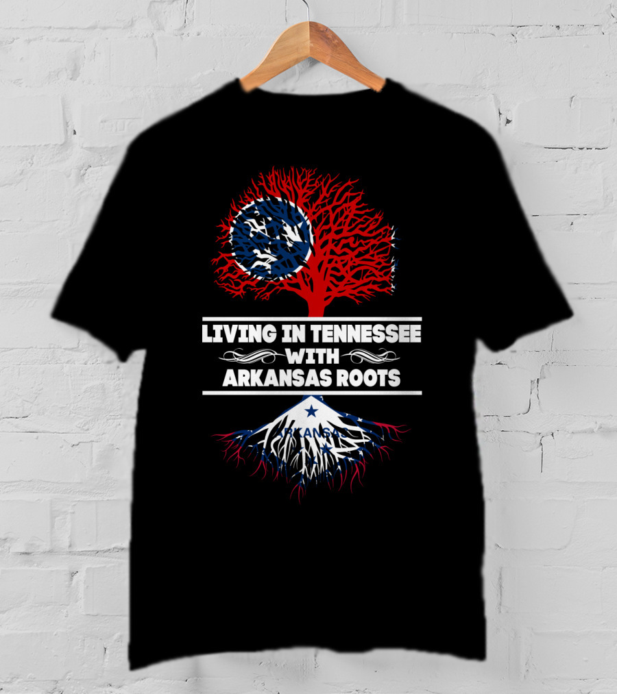 Tennessee Living With Arkansas Roots Red Tree Blue Roots Flag Motif T-Shirt