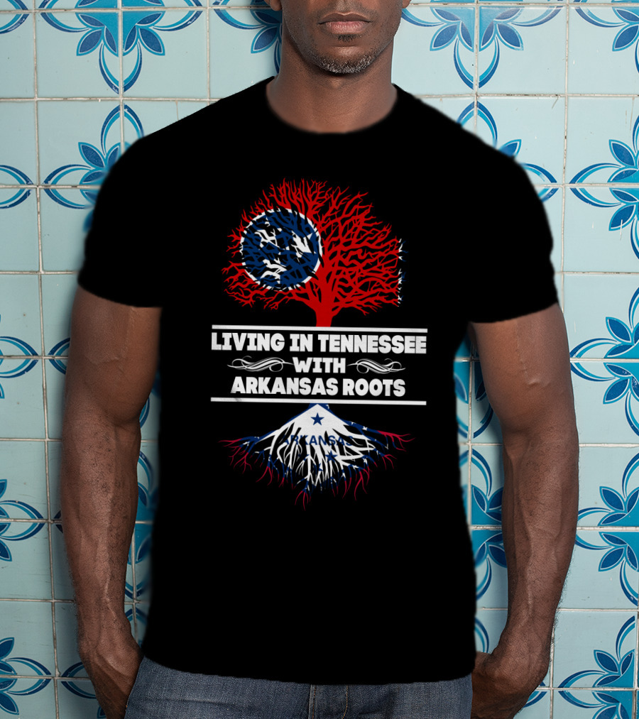 Tennessee Living With Arkansas Roots Red Tree Blue Roots Flag Motif T-Shirt