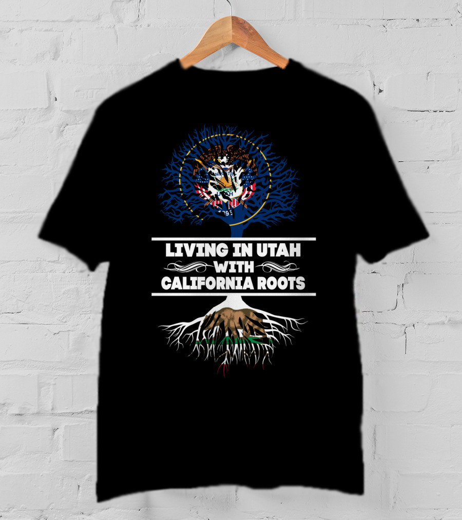 Utah State Emblem With California Flag Roots - Living In Utah With California Roots T-Shirt