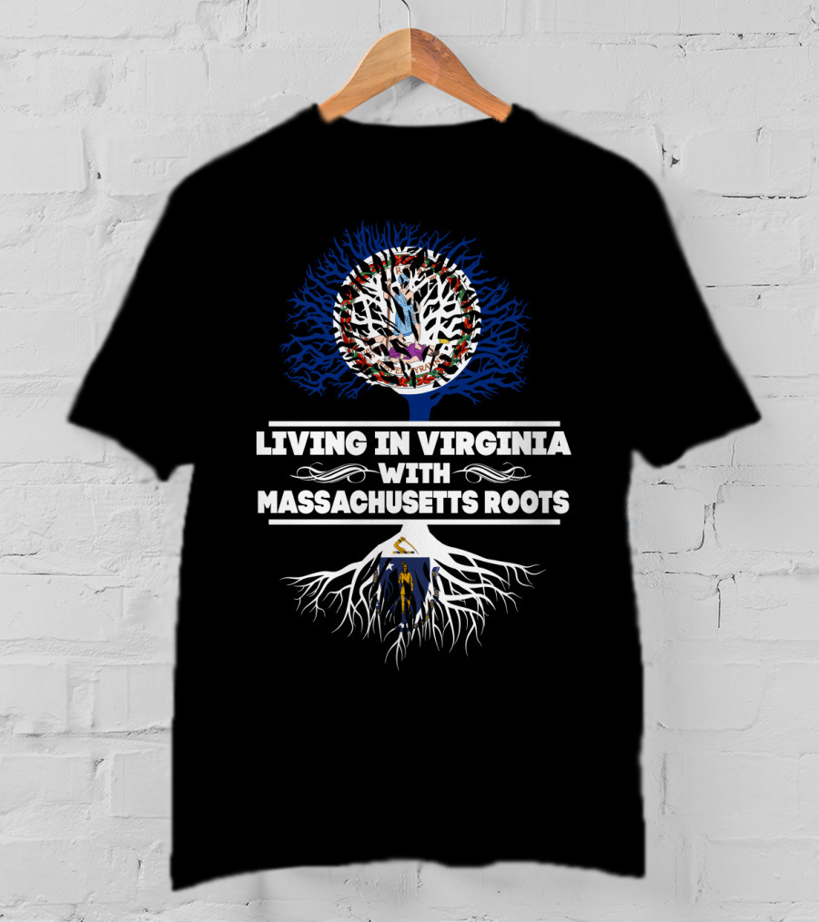 Living In Virginia With Massachusetts Roots American Flag And State Symbols Tree T-Shirt
