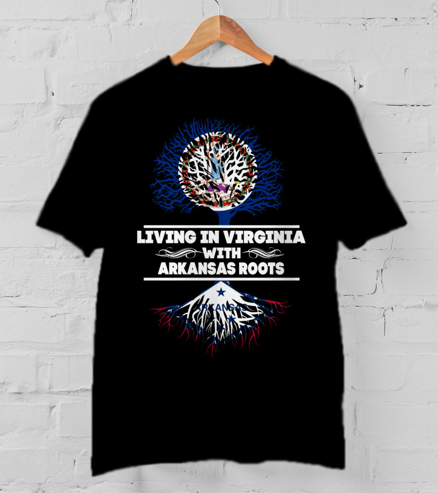 Living In Virginia With Arkansas Roots Tree Design Featuring Virginia Seal And Arkansas Flag Elements T-Shirt