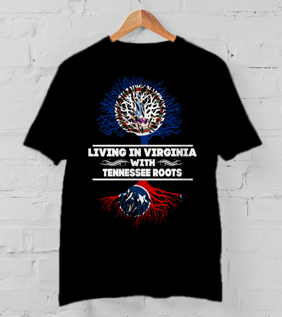 Living In Virginia With Tennessee Roots Tree Design Featuring American Flag Elements T-Shirt