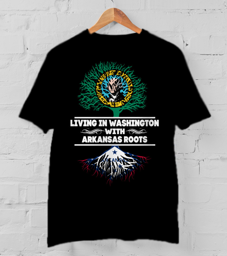 Living In Washington With Arkansas Roots Tree Design With Mount Rainier And Flag Elements T-Shirt