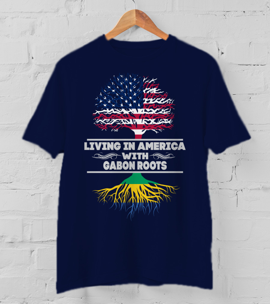 Living In America With Gabon Roots Tree Design Stars And Stripes Flag With Gabonese Colors T-Shirt