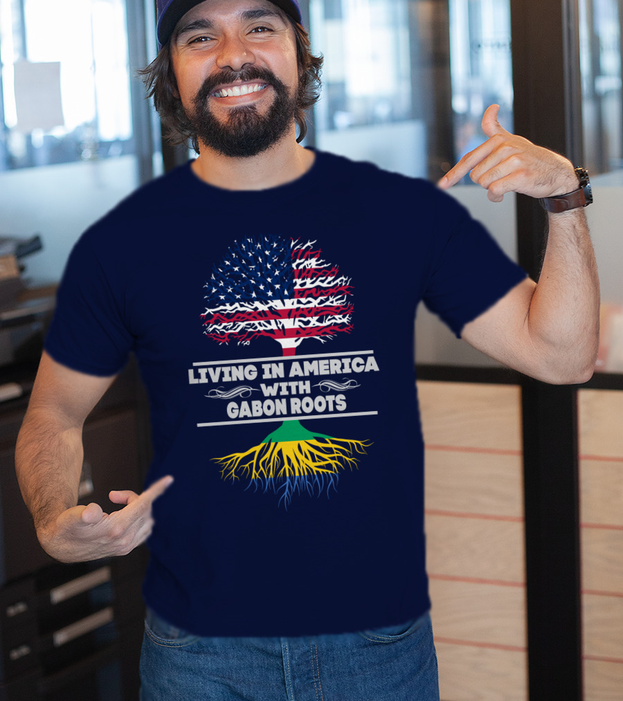 Living In America With Gabon Roots Tree Design Stars And Stripes Flag With Gabonese Colors T-Shirt