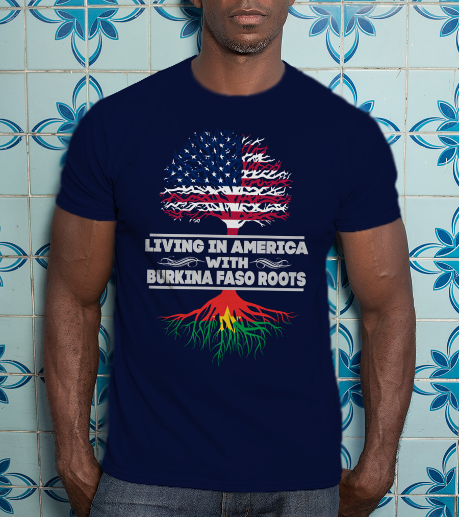 Living In America With Burkina Faso Roots USA Flag Tree T-Shirt