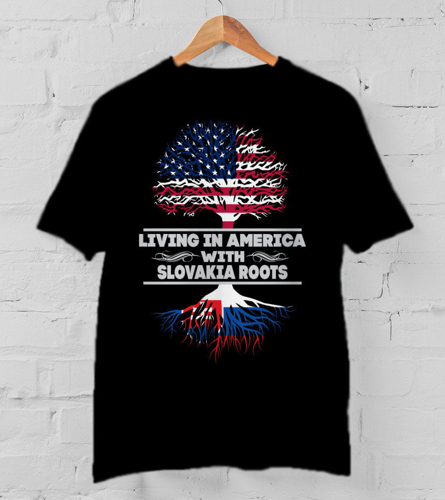 LIVING IN AMERICA WITH SLOVAKIA ROOTS American Flag Tree T-Shirt