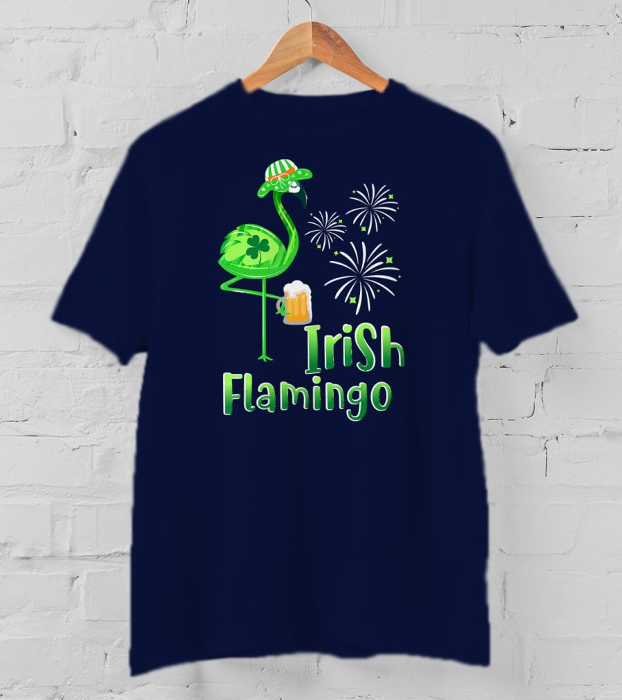 Irish Flamingo Drinking Beer St Patricks Day Shamrock Fireworks T-Shirt