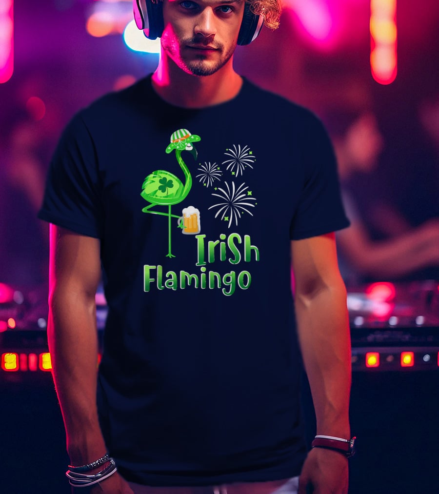 Irish Flamingo Drinking Beer St Patricks Day Shamrock Fireworks T-Shirt