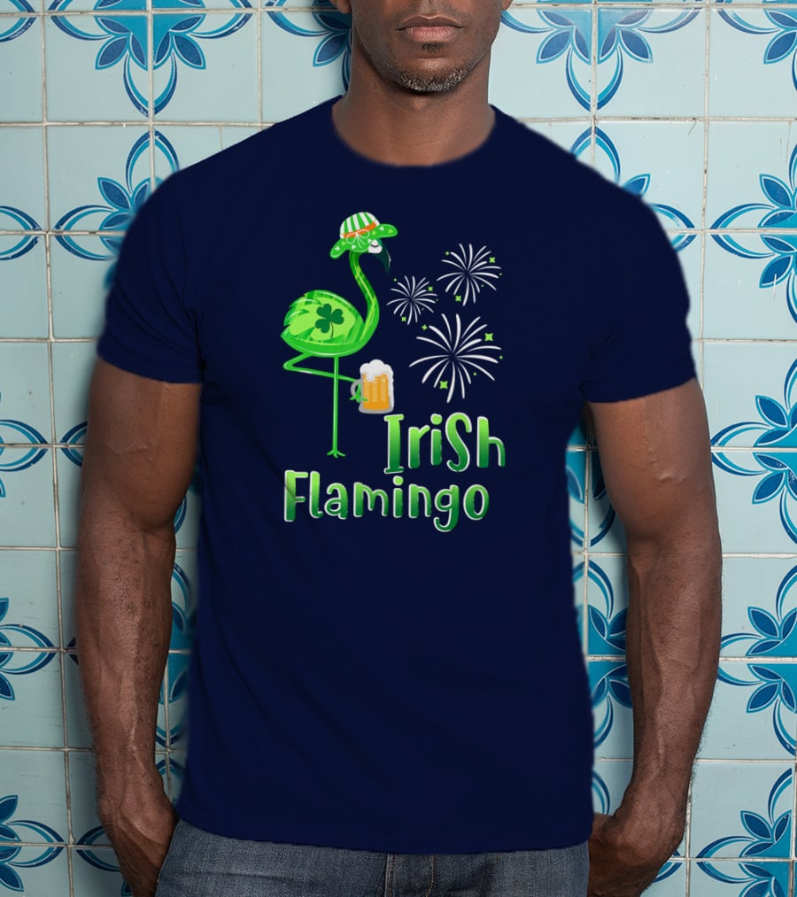 Irish Flamingo Drinking Beer St Patricks Day Shamrock Fireworks T-Shirt