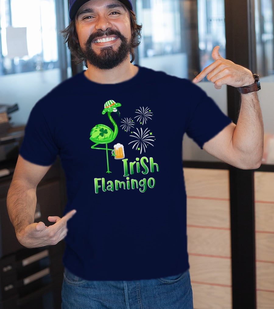 Irish Flamingo Drinking Beer St Patricks Day Shamrock Fireworks T-Shirt