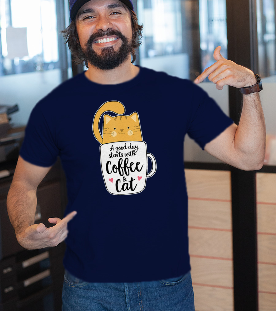Funny Orange Cat A Good Day Starts With Coffee And Cat T-Shirt