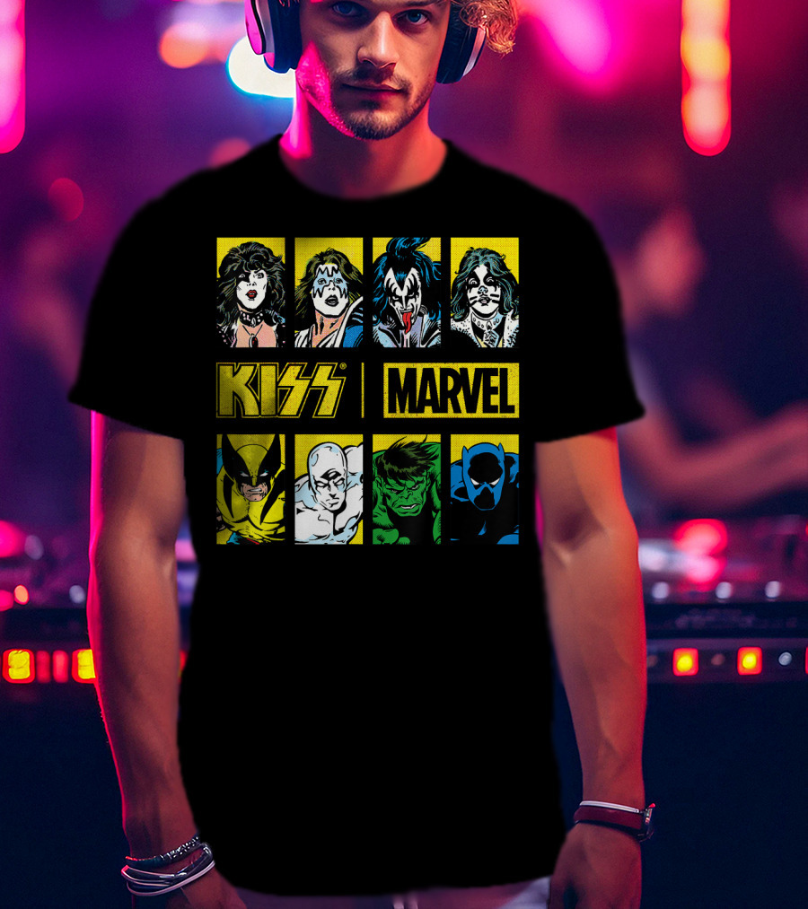 KISS Marvel Wolverine Hulk Black Panther Hero Portrait Boxes T-Shirt
