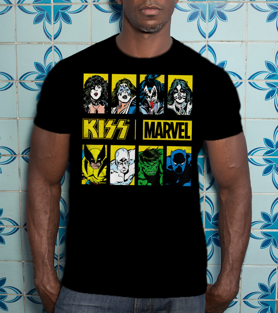 KISS Marvel Wolverine Hulk Black Panther Hero Portrait Boxes T-Shirt