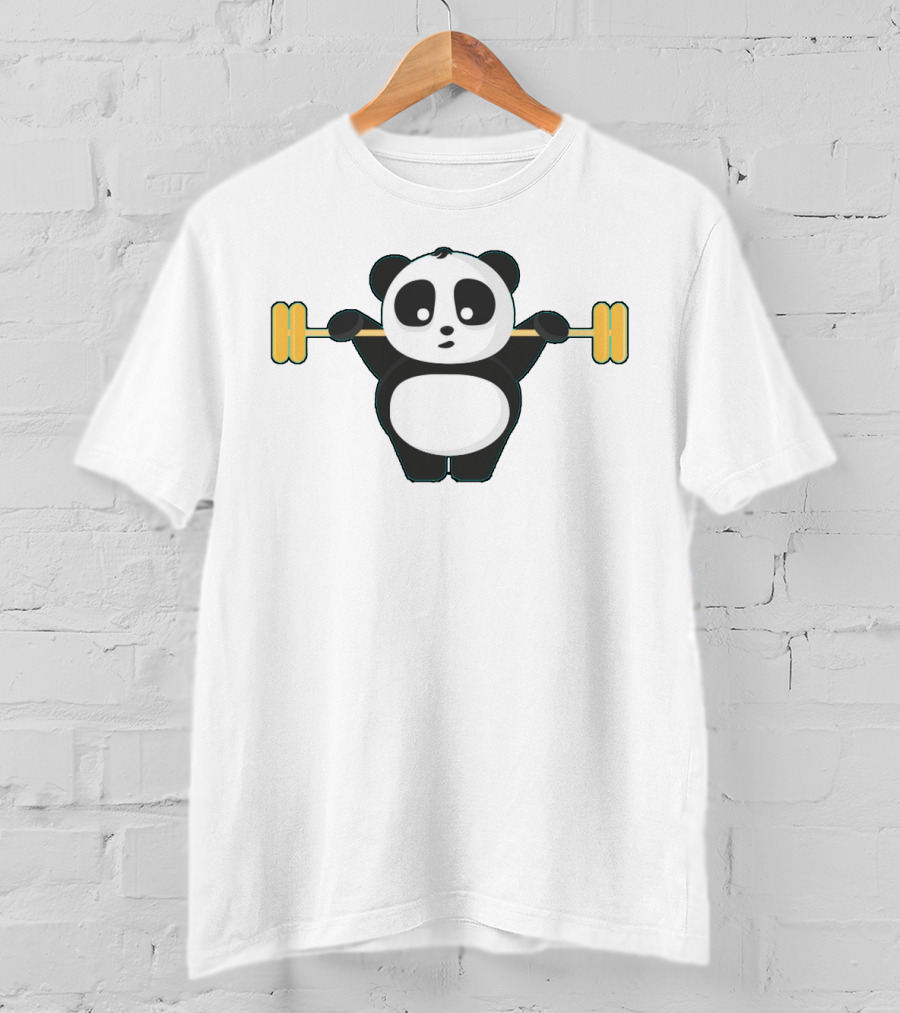 Cartoon Panda Lifting Yellow Barbell Wallpapers On T-Shirt