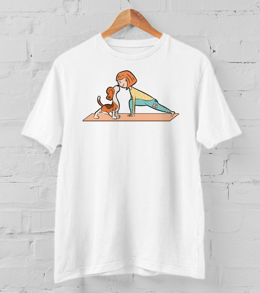 Cartoon Beagle And Girl Performing Yoga Pose On Mat T-Shirt