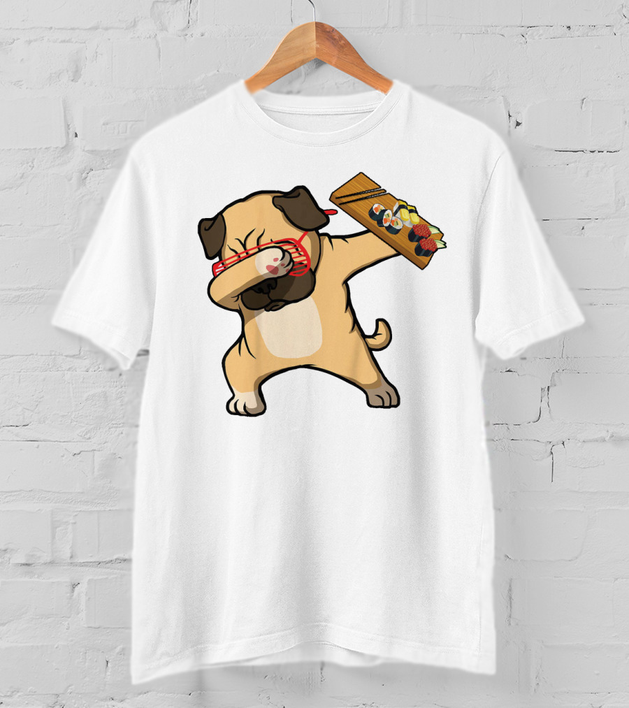Dabbing Pug With Sushi Plate And Chopstick Glasses T-Shirt
