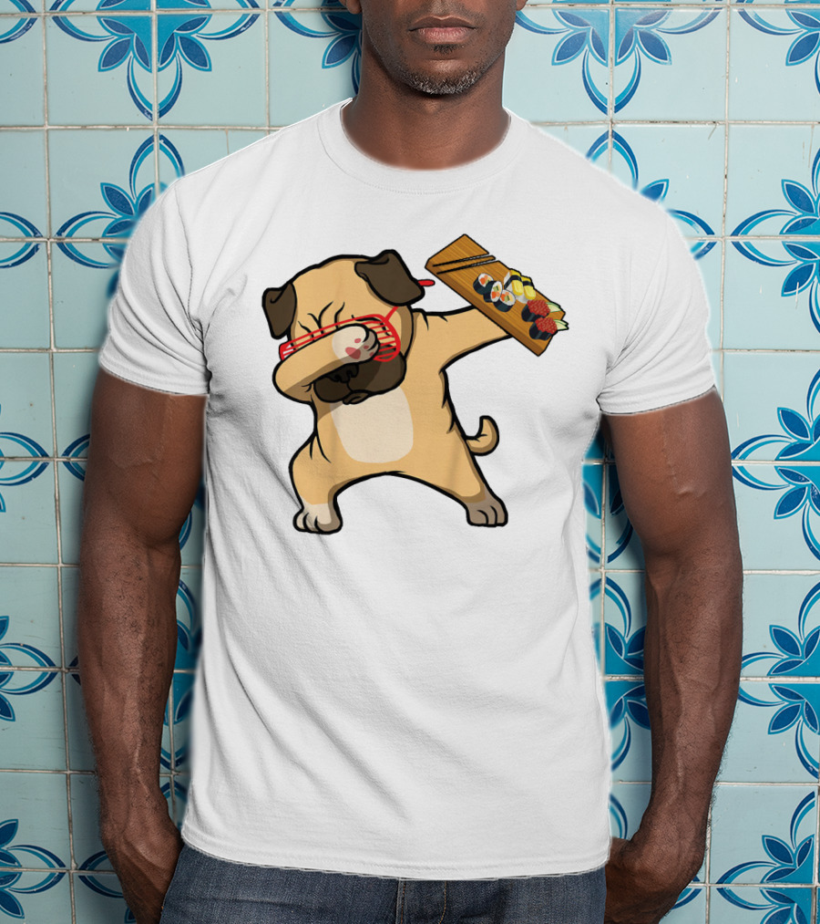 Dabbing Pug With Sushi Plate And Chopstick Glasses T-Shirt