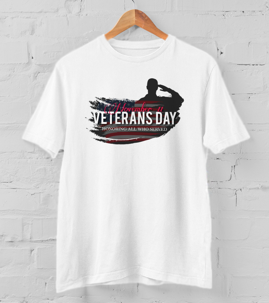 November 11 Veterans Day Honoring All Who Served With Saluting Silhouette And USA Flag Background T-Shirt