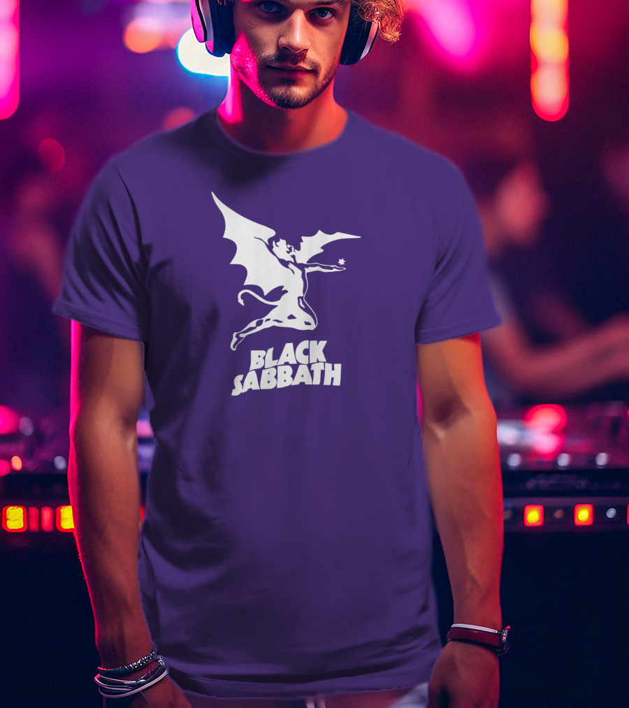 Black Sabbath Flying Devil Logo Purple Background T-Shirt